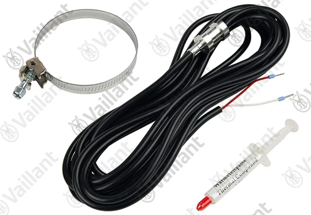 Vaillant Sensor mit Kabel und Anschlussklemmen, inklusive Halteband und Thermalcompound in Spritze, geeignet für Temperaturmessungen in Heizsystemen.